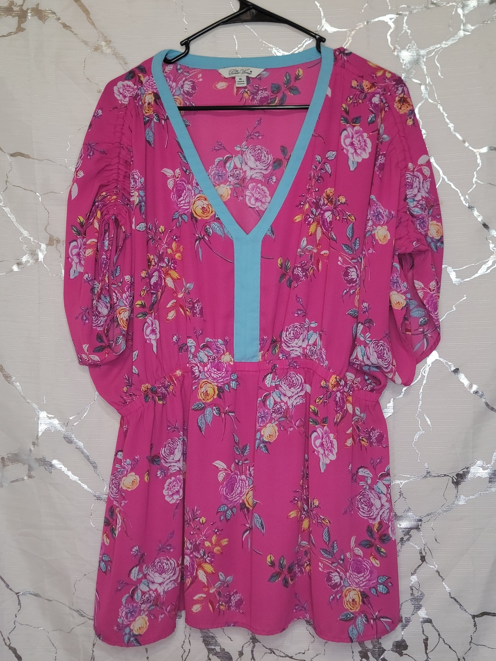 The Pioneer Woman Hot Pink Floral Tunic with Aqua Trim- Tied Flowy 3/4 Sleeves